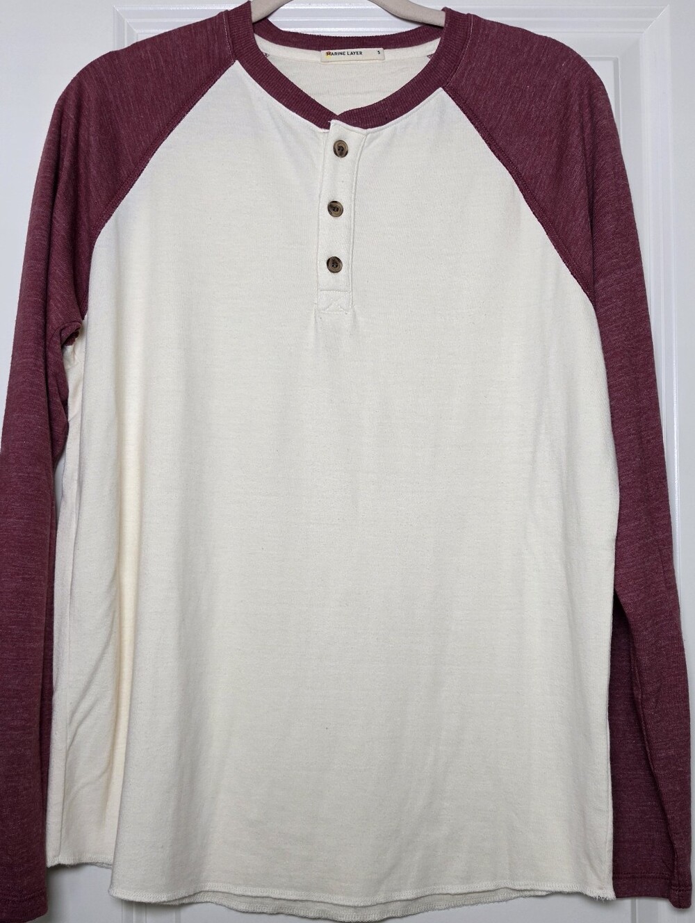 Marine Layer Baseball Henley Shirt Men's Small Cream Burgundy Long Sleeve Soft